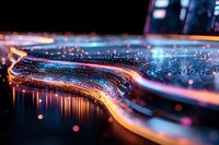 Glowing neon light trails create abstract curved patterns against dark background with bokeh effect and water reflections, showcasing modern urban nightlife energy.