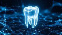 Digital tooth hologram floating over futuristic network grid with glowing blue connections and data streams for dental technology and healthcare innovation.