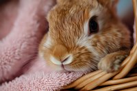 Close-up portrait of adorable ginger dwarf rabbit resting on pink soft blanket in wicker basket, showing detailed fur texture and sweet expression.