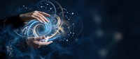 Two hands holding glowing spiral digital technology symbol with connected network nodes and particles on dark blue background for innovation and data concepts.