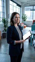 Professional woman with shoulder-length dark hair, Caucasian ethnicity, wearing navy blazer and gray sweater, holding tablet with blank screen in modern office space with large windows and plants.