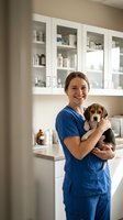 Female veterinarian in blue scrubs holding beagle puppy in modern clinic with medicine cabinet background for pet healthcare and animal care concepts.