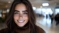 Young Caucasian woman with bright smile, blue eyes and long brown hair wearing turtleneck sweater against blurred shopping mall background. Natural beauty portrait.