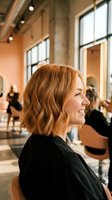 Young Caucasian woman with fresh bob haircut smiling in modern hair salon with stylist working in background during professional hair styling session.
