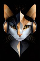 Geometric cat face with headphones in modern art style featuring metallic gold and silver tones against dark background, whiskers and glowing eyes.
