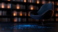 Modern black swivel chair illuminated by warm ambient lights with scattered glowing blue particles on dark floor, creating futuristic atmosphere for interior design concepts.