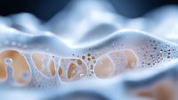 Abstract macro photography of soap bubbles and foam creating organic shapes in white and orange colors against blurred background. Artistic close-up for creative designs.