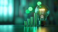 Glowing light bulb with rising bar graph charts in green background showing business growth concept and innovative solution visualization.