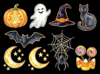 Spooky Halloween icons collection featuring jack-o-lantern pumpkin, ghost, witch hat, black cat, bat, spider web, crescent moons with stars, spider, lollipops and candy corn bow. Isolated on transparent background, ready for t-shirts, stickers, clipart and print-on-demand designs.