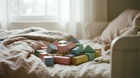 Wrapped gift boxes arranged on cozy bedding near window, perfect for holiday, celebration, and home decor design projects.