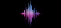 Colorful audio wave visualization in gradient pink and blue colors on black background, sound frequency spectrum display for music or voice recording.