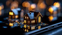 Glowing miniature house on circuit board with warm bokeh lights background creates magical atmosphere. Concept of smart home technology and automation.