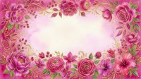 Watercolor floral frame with pink roses, peonies, and gold accents on a soft pink background, perfect for greeting cards and invitations.