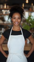 Young African American female barista wearing white apron and black shirt smiling confidently in coffee shop interior with warm ambient lighting and blurred background.