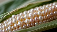 Elegant pearl necklace strands in varying sizes displayed on green leaf, showcasing natural luster and gradient of soft pink and white tones.