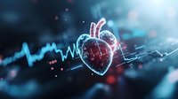 Digital heart with glowing pulse wave and particles on dark background, medical science visualization showing cardiac rhythm and heartbeat monitoring.