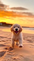 Happy Golden Retriever puppy running on beach sand during sunset, orange sky reflecting on wet shore creates warm atmosphere for pet photography.