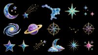 Celestial night sky elements collection with crescent moon, stars, planets, compass roses, and constellation designs isolated on transparent background. Ready for t-shirt designs, clipart, stickers, sublimation, and print-on-demand projects.