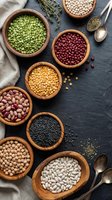 Assorted legumes and pulses in wooden bowls on dark slate background with herbs and spoons for healthy cooking and plant-based nutrition recipes.