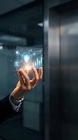 Businessman holding digital hologram displaying security shield, financial charts, and data protection icons in modern office environment for cybersecurity and business solutions.