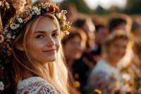 Young blonde woman wearing traditional floral crown at cultural festival celebration with warm golden hour lighting and crowd in background.