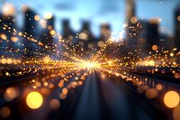 Abstract urban night scene with glowing light trails and golden bokeh particles creating dynamic motion perspective along empty road toward city skyline.