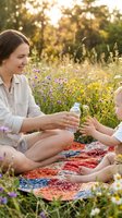 Woman and child sharing water bottle during outdoor picnic in wildflower meadow on sunny day. Mother and daughter bonding in nature with purple flowers and green trees in background.