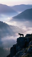 Lone wolf silhouette standing on rocky cliff edge overlooking misty mountain valley at dawn with layered peaks and fog below creating dramatic wilderness scene.