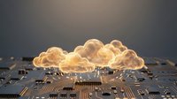 Glowing golden clouds floating above computer circuit board, representing cloud computing, data storage, and digital technology infrastructure for business applications.