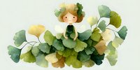 Watercolor fairy child with ginkgo leaves crown sitting among green foliage on white background. Botanical fantasy character for nursery decor.