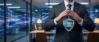 Professional businessman in dark suit protecting cyber lock shield symbol with hands in modern office environment with digital security data streams.