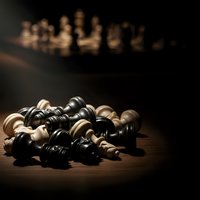 Scattered chess pieces on wooden surface with blurred chessboard in background creating dramatic lighting and strategic game concept for business metaphors.