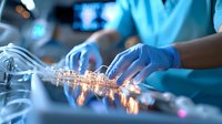 Medical professional in blue scrubs and gloves working with advanced surgical equipment illuminated by bright lights in modern operating room, creating dramatic lighting effects.