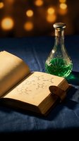Vintage alchemy setup with green potion bottle and open spell book showing chemical formulas on dark blue surface with warm bokeh lighting background.