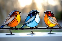 Colorful stained glass birds sitting on metal wire, decorative suncatchers in orange, blue and red tones against blurred natural background.