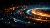 Abstract cosmic spiral with glowing blue and golden light particles against dark background, creating futuristic energy flow effect for technology concepts.
