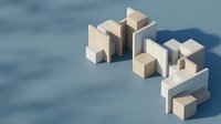 Abstract geometric blocks arranged on blue surface with strong shadows, representing business growth, organization, and structural planning for corporate design projects.