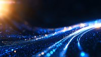 Glowing blue wave of light particles flowing on dark background with bright lens flare effect creates futuristic abstract technology concept.