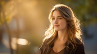 Young Caucasian woman with flowing blonde hair in golden sunset light, wearing dark top, looking thoughtfully into distance with natural makeup.