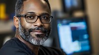 Professional African American businessman with glasses and beard smiling confidently in modern office environment with computer technology background.