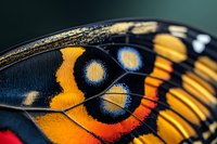 Extreme macro close-up of monarch butterfly wing showing intricate orange, black and white pattern details with natural texture and vibrant colors.