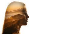 Double exposure silhouette of woman profile merged with golden sunset mountain landscape creating artistic conceptual composition for mindfulness meditation.