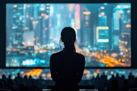 Silhouette of woman looking at illuminated cityscape on large screen, audience visible in foreground against urban night skyline with glowing skyscrapers.