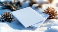 Blank white cards on snowy surface with pine branches, winter holiday mockup for greeting card, invitation, or branding design.