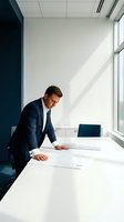 Professional businessman in navy suit reviewing architectural plans at modern office table with natural window lighting for corporate presentations.