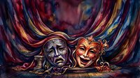 Theatrical masks representing tragedy and comedy with dramatic flowing fabric backdrop in rich jewel tones, suitable for performing arts, entertainment, and cultural event marketing.