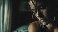Young woman with freckles and tousled hair in contemplative mood by window light, creating atmospheric portrait with dramatic shadows and emotional depth.