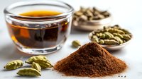 Ground cardamom powder heap and whole green cardamom pods on white surface with brewed tea in glass cup, aromatic spice ingredients for cooking.