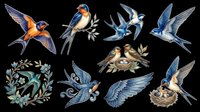 Swallows and birds isolated on transparent background, ready for t-shirt design, clipart, stickers, sublimation and print-on-demand projects.