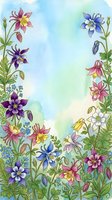 Watercolor floral frame with columbine flowers and wildflowers on soft blue green background for spring garden designs and botanical decorations.
